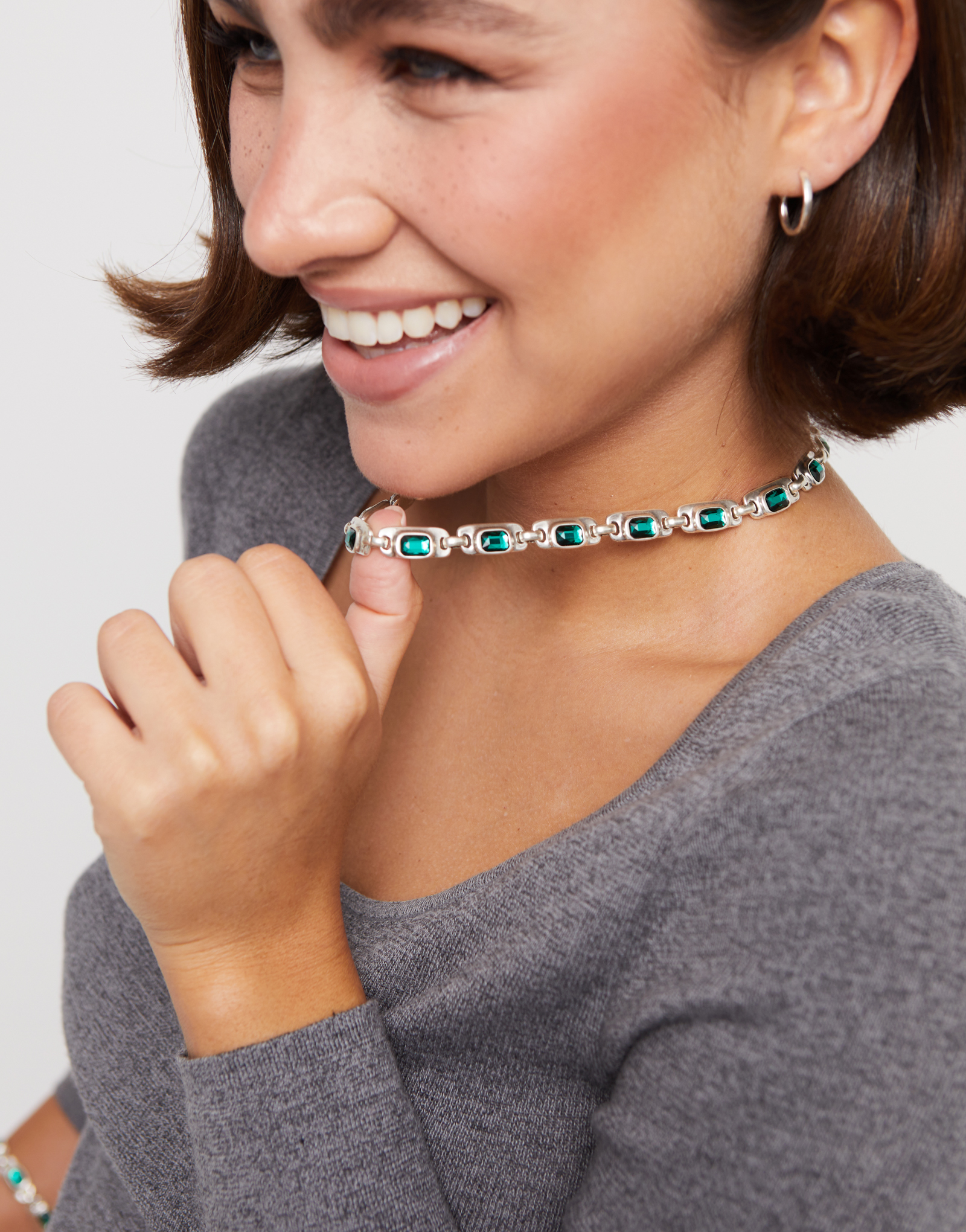 Collana placcata argento sterling con cristalli verdi, Argent, large thumbnail